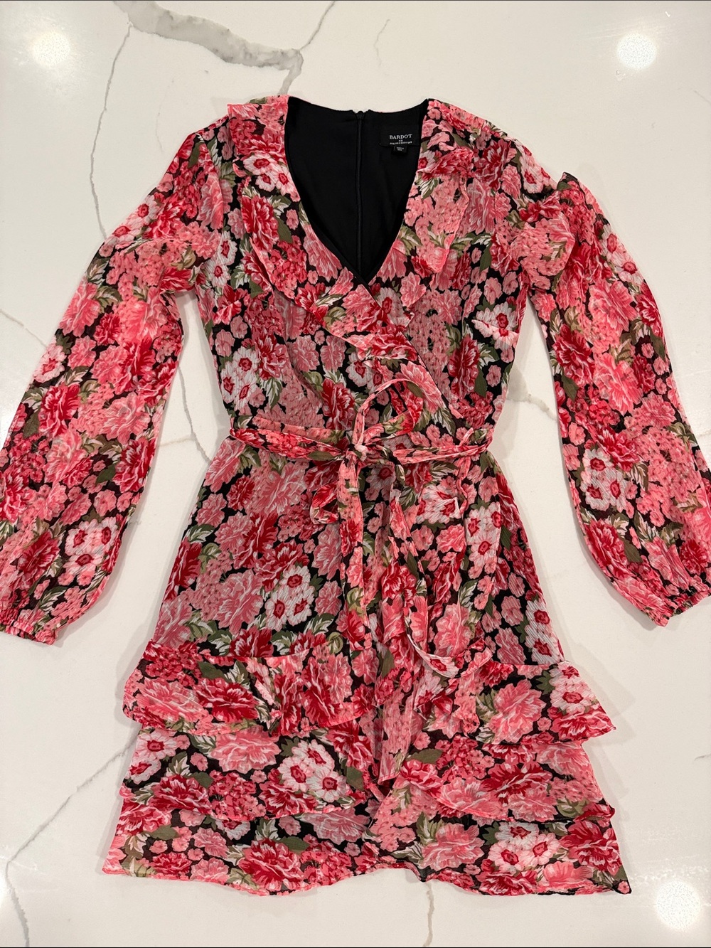 Black and Pink Floral Wrap Dress